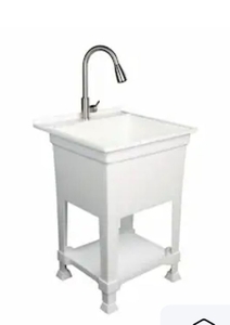 lot 2006 image: Project Source 24-in x 24-in 1 -Basin White Freestanding Utility tub with Drain with Faucet missing parts from faucet