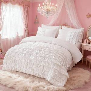lot 2031 image: Holawakaka White Waterfall Ruffle Comforter Set Full Size Multi-Layers Ruffled Shabby Chic 3PCS Bedding Set for Girls Women