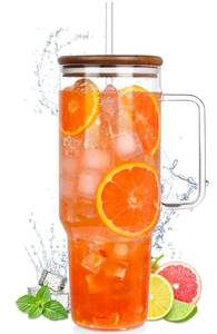 lot 2039 image: 49oz Glass Tumbler with Acacia Wood Lid & Dual Straws, Large Cup with Handle and Straws Glasses Water Bottle Mason Jar Wide Mouth Iced Coffee Cups Travel Mug for Water,Juice,Smoothie,Bubble Tea,Soda