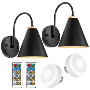 lot 2052 image: MILDWARM Battery Operated Wall Sconce Set of Two, Industrial Black Faux-Wood Battery Powered Wall Light, Cordless Wall Lamp Fixtures with Remote&LED Puck Light for Bedroom Farmhouse Gallery Fireplace