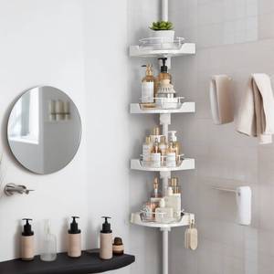 lot 2070 image: shuang qing 360° Rotating Corner Shower Caddy Tension Pole Organizer - 4-Tier Adjustable Rustproof Metal Pole, Plastic Shelves with Safety Guardrail, Bathroom Storage for Shower & Bathtub(White)