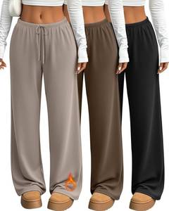 lot 2073 image: Yearntown 3 Pack Womens Fleece Lined Sweatpants Wide Leg Lounge Thermal Pants Baggy Drawstring Warm Joggers with Pockets(Black, Brown, Gray Apricot,Large)