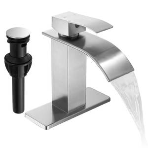 lot 2080 image: Fransiton Brushed Nickel Waterfall Bathroom Faucet Lavatory Single Handle 1 or 3 Hole Bathroom Sink Faucet Washbasin Faucet with Deck and Pop-up Drain