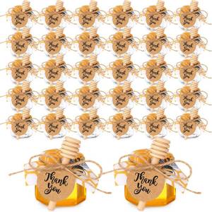 lot 2081 image: Funnymoom 30 Set 2.5oz Mini Honey Jars with Wooden Dipper and Muslin Cloth Covers Plastic Honey Jars with Gold Lids Hang Tags Decorative Jute Rope for Wedding Birthday Party (Bee)