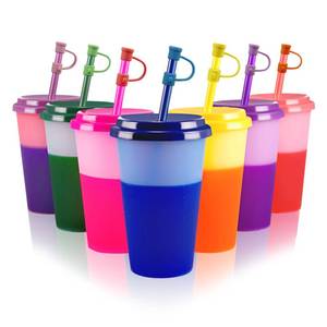 lot 2097 image: Patinao 7 Pack Color Changing Cups Tumblers With Lids & Straws - 12oz Reusable Plastic Drinking Cups Bulk Party Sippy Cups Cold Water Cup Set (with Silicone Straw Cover)