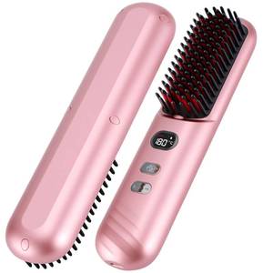 lot 2123 image: Cordless Hair Straightener Brush for Travel - Portable Hot Comb Thermal Brush Pro with Negative Ion & 9600mAh Rechargeable Battery for Women Girls, Pink