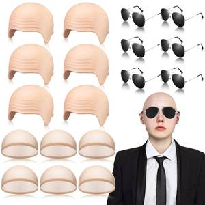 lot 2131 image: Mepase 18 Pcs Bald Caps with Glasses Nylon Makeup Latex Bald Head Wig Cap for Men Women Adults Cosplay Party Costume Accessories (12.9 x 7.48 Inch)