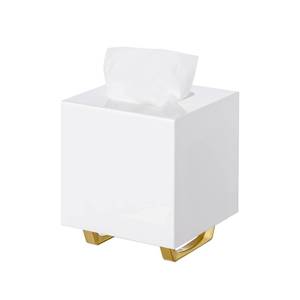 lot 2134 image: HBlife Tissue Box Cover Square Acrylic Tissue Box Holder with Gold Plated Legs Napkin Dispenser Dryer Sheet Container for Bathroom, White
