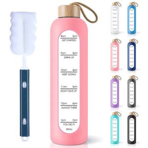 lot 2139 image: PROBTTL 32 Oz Borosilicate Glass Water Bottle with Time Marker Reminder Quotes, 1 Liter Leak Proof Reusable BPA Free Motivational Water Bottles with Silicone Sleeve and Bamboo Lid (Pink)