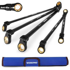 lot 2159 image: WORKPRO Extra Long Flex-Head Ratcheting Wrench Set, 5-piece Anti-Slip Double Box Wrenches Set, Metric 8-19 mm, 72-Teeth, Cr-V Steel and Black Electrophoretic Coating Wrenches with Rolling Pouch