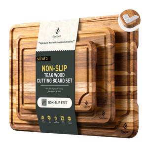 lot 2180 image: Teak Wood Cutting Board Set for Kitchen High-End Non Toxic Non Slip Over Sink Solid Thick Wood Haus Chopping Board Extra Large Big Small Best Kitchen Essential House Warming Hostess Host Gift
