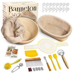 lot 2183 image: BAVIFY Sourdough Starter Kit, 9 Round & 10 Oval Banneton Bread Proofing Baskets Set, Sourdough Bread Baking Supplies Making Tools with Dough Scraper, Whisk, Bread Lame, Silicone Sling, Recipe