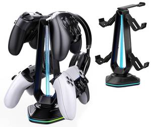 lot 2185 image: Oritikur RGB Headset Stand with 9 Light Modes and 2 USB Charging Ports - Controller Holder for Desk - Headphone Stand & Detachable Controller Hook for PC Earphone Gaming Room Setup Accessories