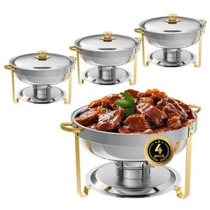 lot 2195 image: IMACONE Chafing Dish Buffet Set of 4, 5QT Round Stainless Steel Chafer for Catering, Upgraded Chafers and Buffet Warmer Sets wFood & Water Pan, Lid, Gold Frame, Fuel Holder for Party Wedding Holiday