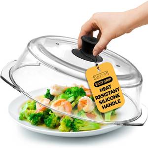 lot 2205 image: Bezrat Microwave Tall Glass Plate Cover  Splatter Guard Lid with Easy Grip Silicone Handle Knob  100% Food Grade  BPA Free and Dishwasher Safe  10 Inch (Black-)