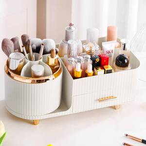 lot 2207 image: Rotating Makeup Organizer for Vanity with Brush Holder and Drawer, Cosmetic Makeup Storage, Large Spinning Makeup Skincare Organizer, Countertop Makeup Perfume Organizer, Lotions Display Case (White)