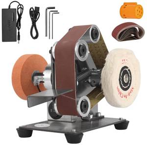 lot 2210 image: Baisiky Mini Belt Sander Bench Metal Grinder Knife Making Small Electric Sharpening Machine, 7 Adjustable Speed Polisher for Knife Making, DIY Wood Working, Apex Edge Polishing powers on