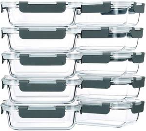 lot 2218 image: M MCIRCO 10-Pack,22 Oz Glass Meal Prep Containers,Glass Food Storage Containers with lids,Lunch Containers,Microwave, Oven, Freezer and Dishwasher (Gray)