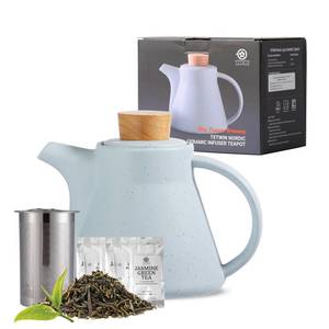 lot 2226 image: TETWIN Ceramic Teapot with Infuser, 25oz Blue Tea Pot with 8 Loose Leaf Tea Samplers Gift Set Small Teapot for Full Leave Tea, Elegant Nordic Design, Dishwasher Safe