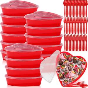 lot 2227 image: Newtay 16 Sets Valentines Day Heart Shaped Storage Containers 17 oz Plastic Heart Box with Lids Food Containers Dessert Cups Disposable Spoons Forks Knives for Party Wedding Supplies
