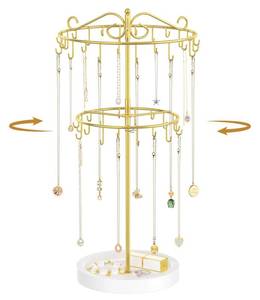 lot 2231 image: MODOWEY Necklace Holder Organizer Rotating Display, 42 Hooks Adjustable Tree Stand for Long Chain, 2 Tier Tabletop Metal Rack with Wooden Tray for Women, No More Tangled Pendant Jewelry, GoldWhite