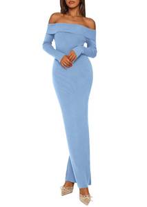 lot 2242 image: PRETTYGARDEN Womens 2025 Fall Sweater Dress Long Sleeve Off Shoulder Slit Maxi Bodycon Cocktail Party Dresses (Light Blue,Small)