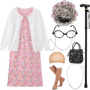 lot 2245 image: EBYTOP 100 Days of School Costume for Kids 100th Day Halloween Old Lady Costume Dress up Granny Wig Grandma Glasses Cane,1-WH 3-4 Years