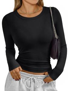 lot 2254 image: Trendy Queen Womens Long Sleeve T-Shirts Basic Crop Tops 2026 Spring Fashion Outfits Going Out Winter Clothes Black M