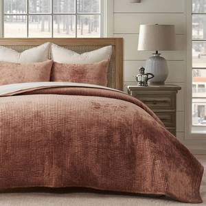 lot 2309 image: EVERGRACE Velvet Quilt Set King Size, Luxurious Soft Quilted Bedding Sets, Lightweight Velvet Comforter for All Season, Striped Channel Bedspread Coverlet with 2 Shams, Terracotta Clay