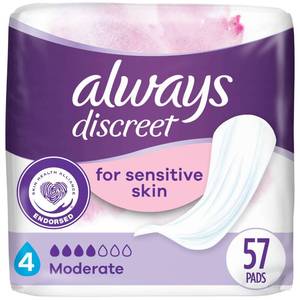 lot 2322 image: Always Discreet Incontinence Pads for Women with Bladder Leaks, Sensitive Skin Pads Moderate Absorbency, Regular Length, 57 Count