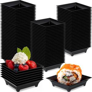 lot 2338 image: Acellegic  Mini Appetizer Plates Bulk 1 oz 2.4 Inch Square Plastic Dessert Plates Disposable Appetizer Tray for Wedding Shower Salad Cake Afternoon Tea Birthday Party (Black)
