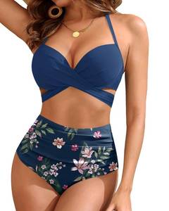 lot 2354 image: Blue Flower High Waisted Underwire Bikini Sets - Women 2025 Two Piece Swimsuits Halter Bathing Suits with Tummy Control Bottom M