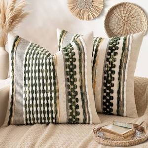 lot 2362 image: ANRODUO Pack of 2 Boho Decorative Throw Pillow Covers 18x18 Farmhouse Cushion Case Striped Chenille Pillow Cases Square Pillow Covers Accent Neutral Pillowcase for Sofa Couch Bed, Olive Green Stripe
