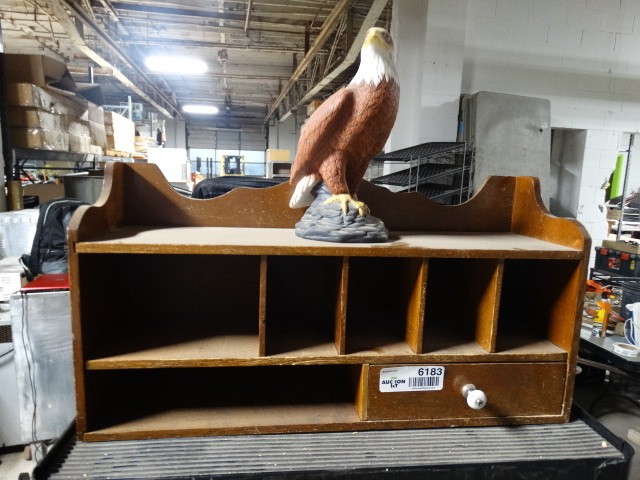 lot 6183 image: Wooden organizer with eagle decor.