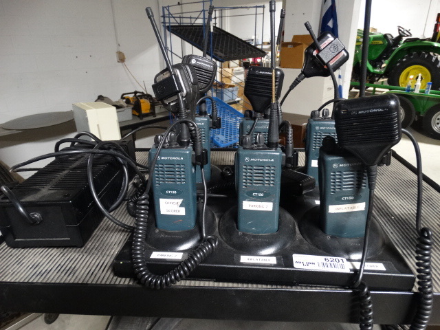 lot 6201 image: 6 Motorola CT150 radios wmics & 6 bank charger- Wichita Wingnuts walkie talkies.