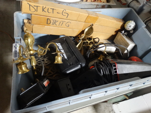 lot 6209 image: Tote with a shredder, hand held vscuum, brass candle stick holders and more.
