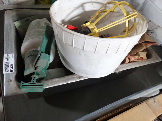 lot 6210 image: Lot with garden sprayer, connecters, motor oil, garden supplies.