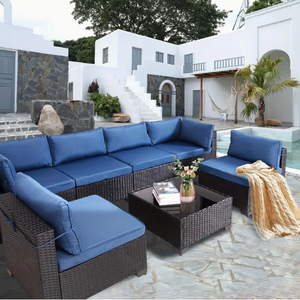 7-piece Black Wicker Outdoor Sectional Set With Blue Cushions