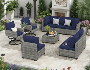9-piece Gray Wicker Outdoor Sectional Set With Blue Cushions