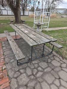 lot 17 image: Weathered Wood Picnic Table with Metal Frame