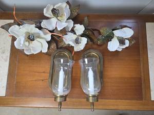 lot 110 image: Brass Wall Sconces with Hurricane Glass Shades and Magnolia Swag