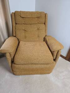 lot 112 image: MCM Tan  Upholstered Recliner Chair- needs a bit of tlc