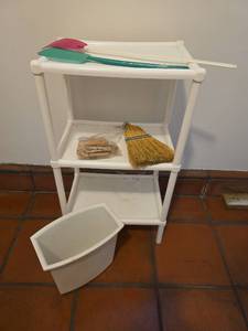 lot 148 image: White PVC 3-Tier Utility Storage Shelf Unit with Contents