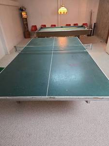 lot 201 image: Regulation Size Ping Pong Table- 1 Piece. Legs must removed to get out of basement. This is a solid table. It does not fold up.