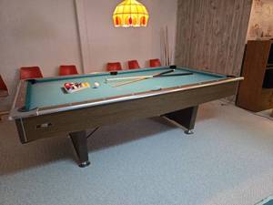 lot 209 image: Frederick Willys 8ft Pool Table with Accessories- will need to remove legs to transport out of basement. Bring tools