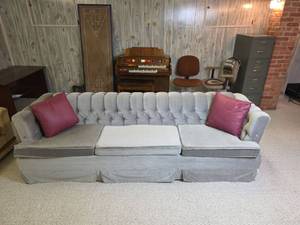 lot 217 image: Traditional Tufted Gray Sofa with  Accent Pillows