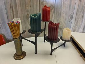 lot 232 image: Mid-Century Metal Candle Holder Set with Brass Match Holder