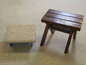 lot 249 image: Wooden Side Table with Blue Footstool