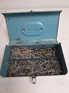 lot 313 image: Blue Metal Tool Box with Mixed Hardware