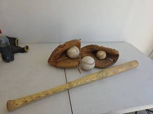 lot 386 image: Baseball Equipment Set - Gloves, Balls and Hillerich & Bradsby Bat
